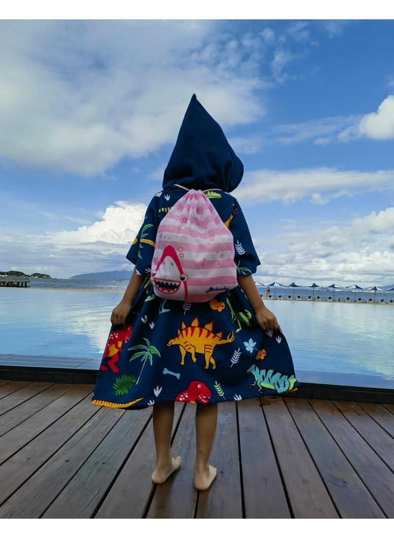 Soft Swim Cover-ups for  Old Kids Navy Blue Dinos Hooded Bath Beach Poncho Towels - Image 3